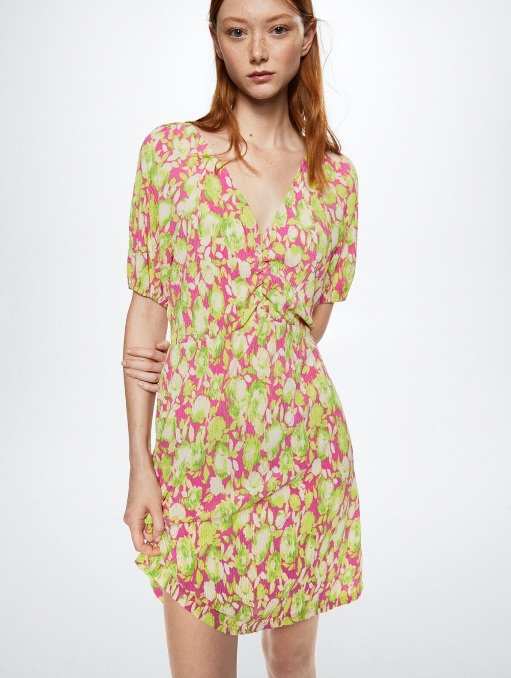 MNG Mango Pink Green Textured V-Neck Short Sleeve Blouson Mini Dress Retro